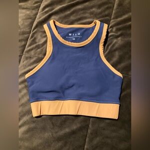 Wilo The Label, size XS, dark blue and orange crop athletic bra/top.